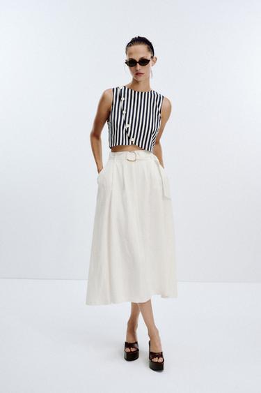 BELTED LINEN BLEND LONG DRESS - Oyster-white by Zara
