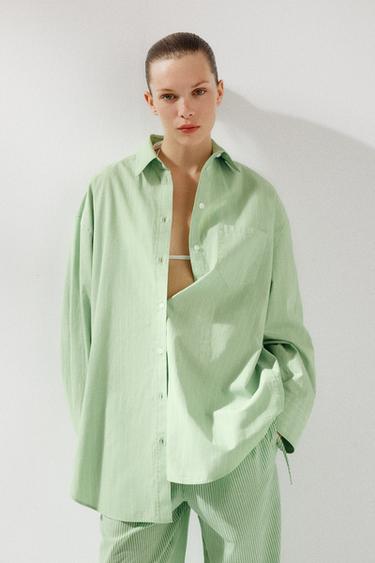 CHEMISE OVERSIZE EN POPELINE RAYÉE - Vert/Blanc de Zara