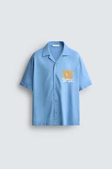 CHEMISE RELAXED FIT BRODÉE SOLEIL - Bleu de Zara