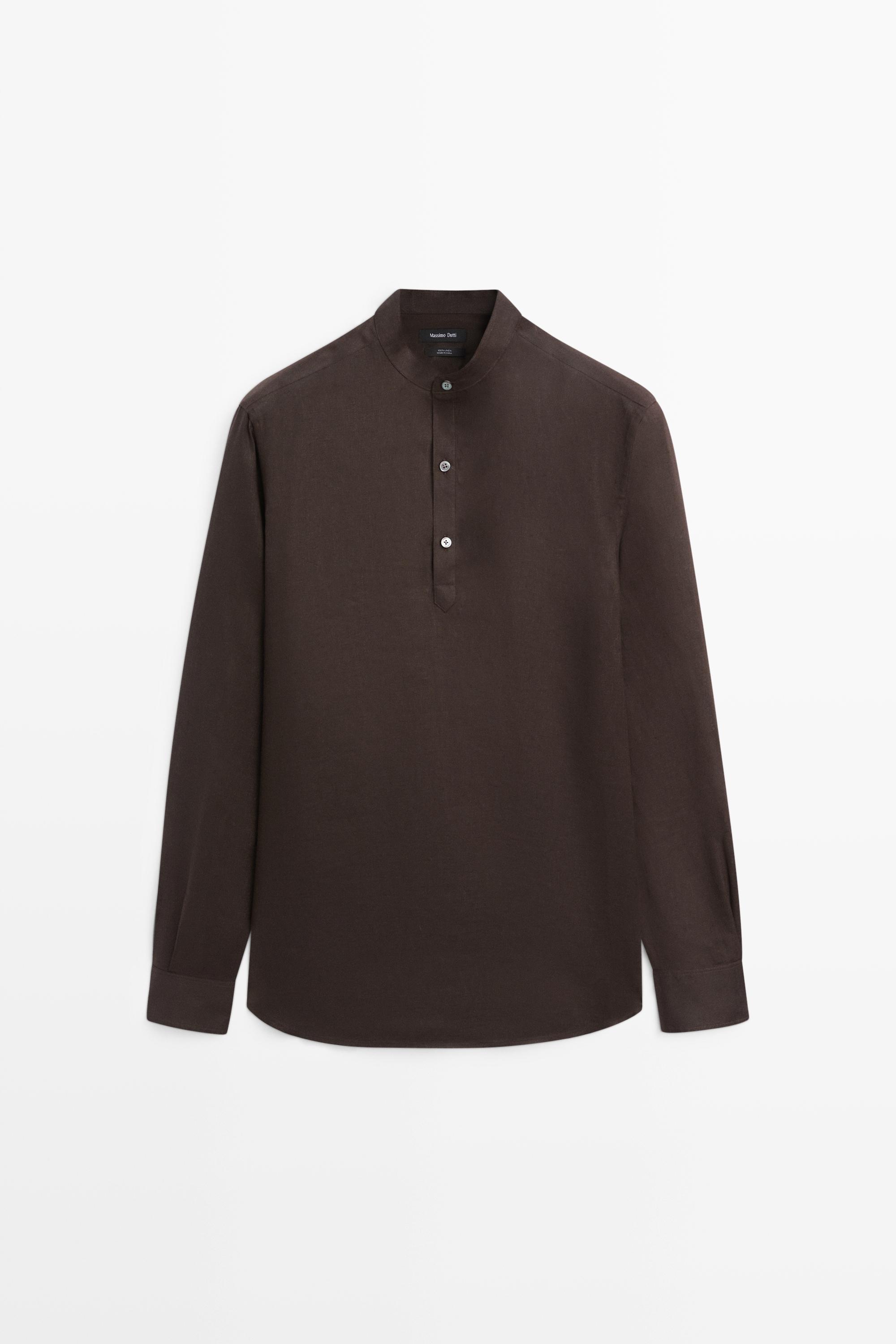 Regular fit stand collar 100% linen shirt - Petrol blue | ZARA