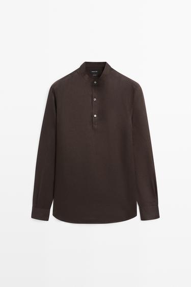 Zara Regular fit stand collar 100% linen shirt - Chocolate