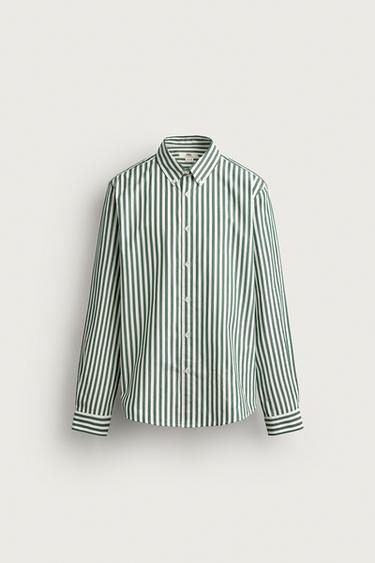 Zara 條紋休閒版襯衫 - 綠色 / 裸色