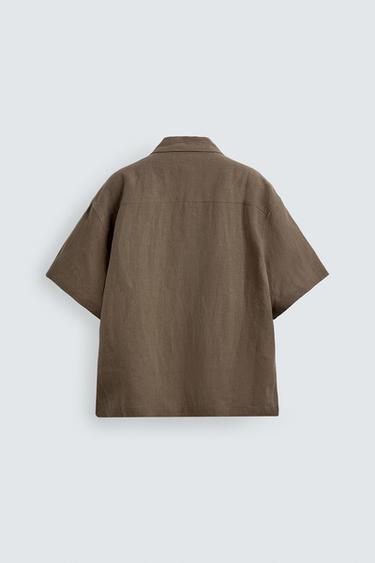 RELAXED FIT 100% LINEN SHIRT WITH PLEATED POCKETS - Brown / Taupe by Zara