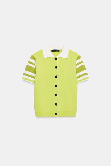 STRIPED POLO CARDIGAN - Fluorescent lime by Zara