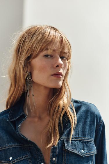 METAL CHAIN AND BEAD EARRINGS - Silver by Zara