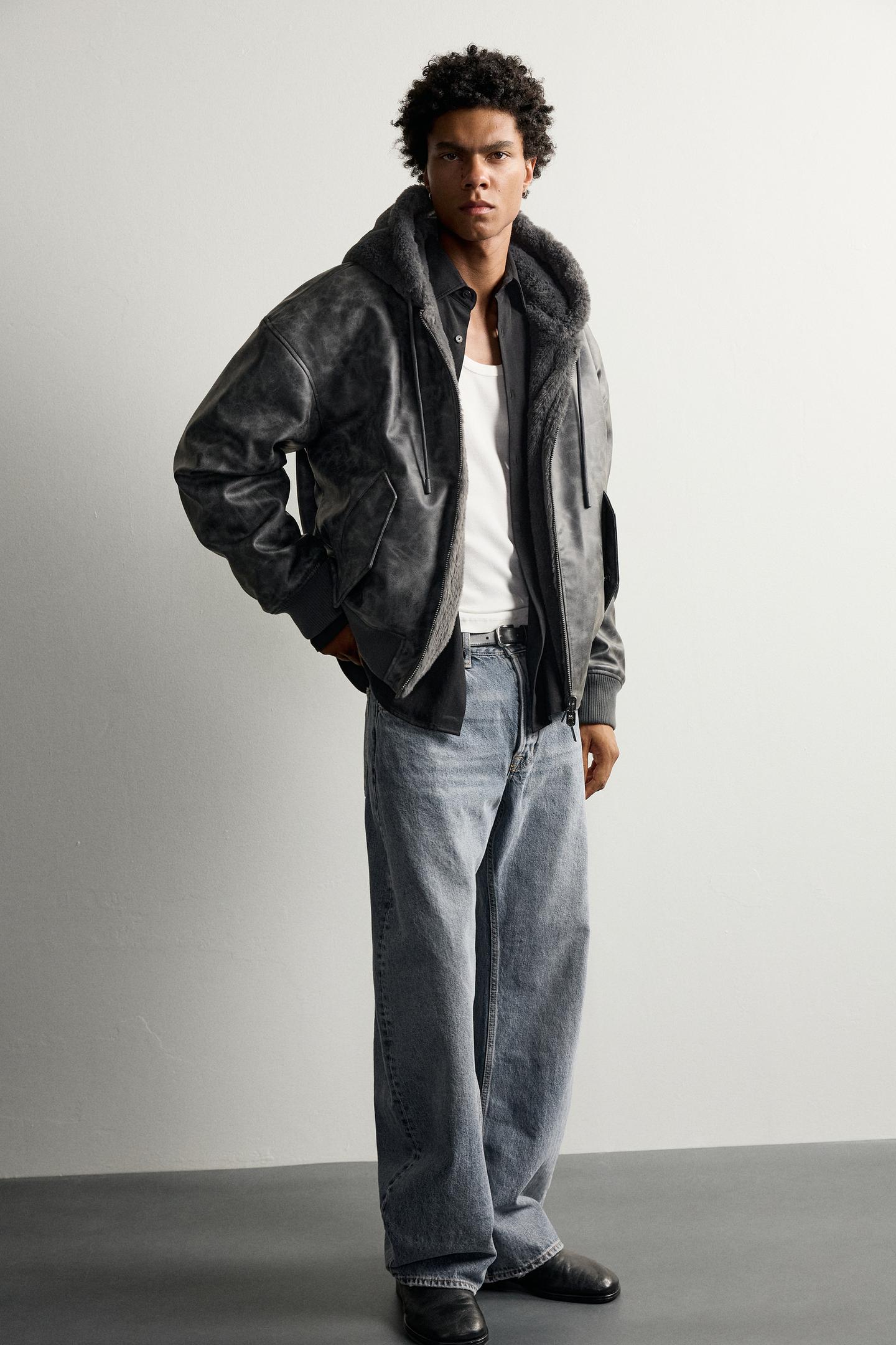 Мужская куртка Zara Reversible Faux Fur Bomber, цвет: Тёмный серый меланжевый — фото 7