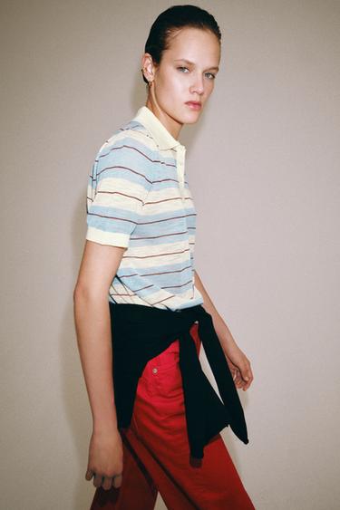 STRIPED KNIT POLO SHIRT - Ecru / Blue by Zara - Image 3