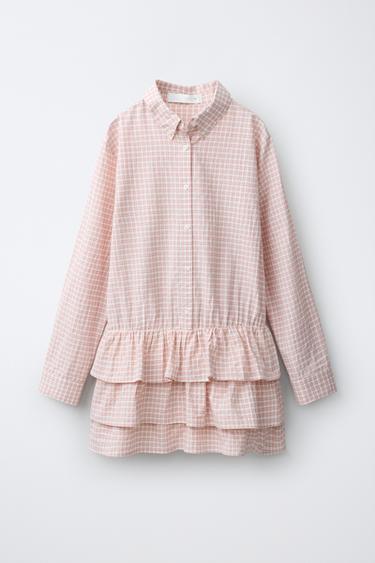 VESTIDO CAMISEIRO AOS QUADRADOS E FOLHOS - Rosa da Zara - Imagem 0
