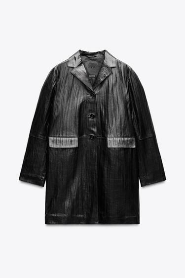 MANTEAU EN CUIR 100 % EFFET CRINKLE – COLLECTION ZW - Noir de Zara - Image 4