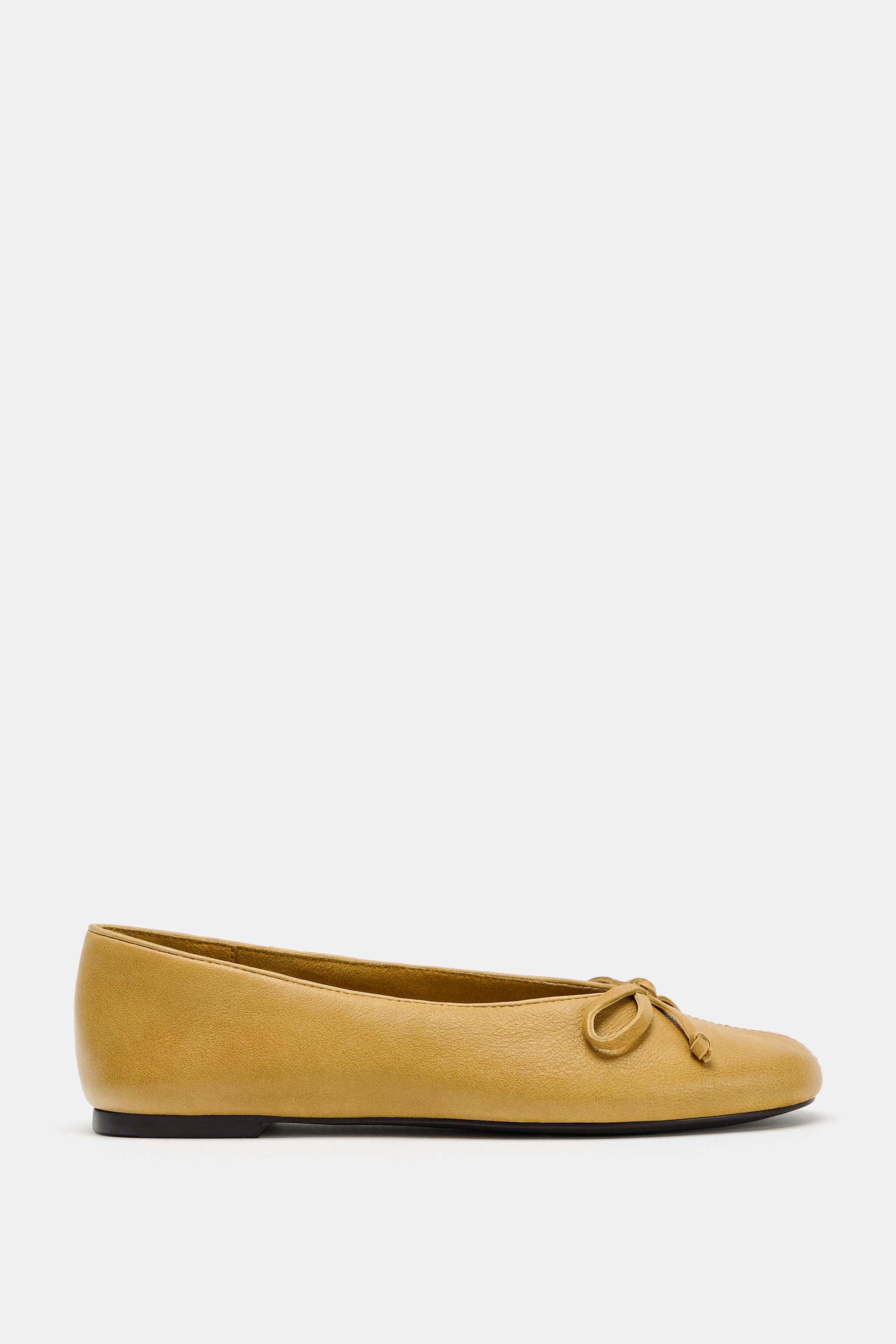 LEATHER BALLET FLATS WITH BOW — Mustard