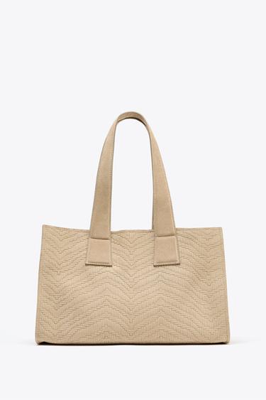 Zara SHOPPER TORBA OD BRUŠENE KOŽE SA PLETENICAMA – Boja peska/Smeđa