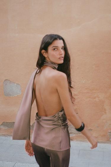 TOP SATINÉ HALTER FOULARD - Rose clair de Zara - Image 2