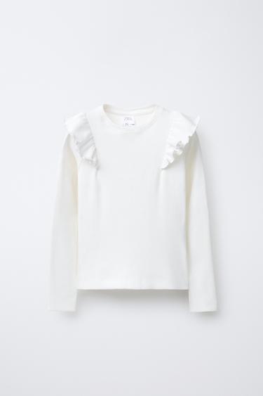 Zara RUFFLED RIBBED T-SHIRT - Ecru