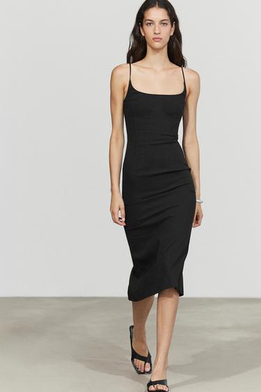 Linen-blend thin strap midi dress — Black 1