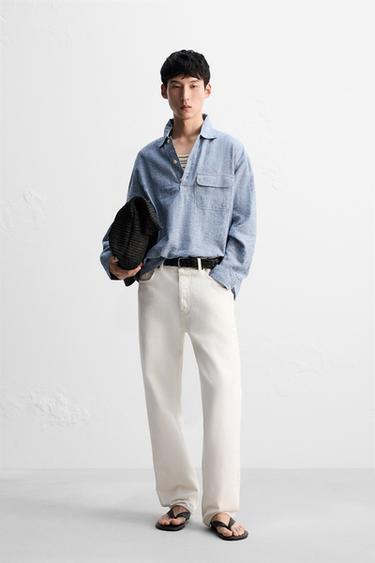 Zara 亞麻棉質 Polo 襯衫 - 藍色