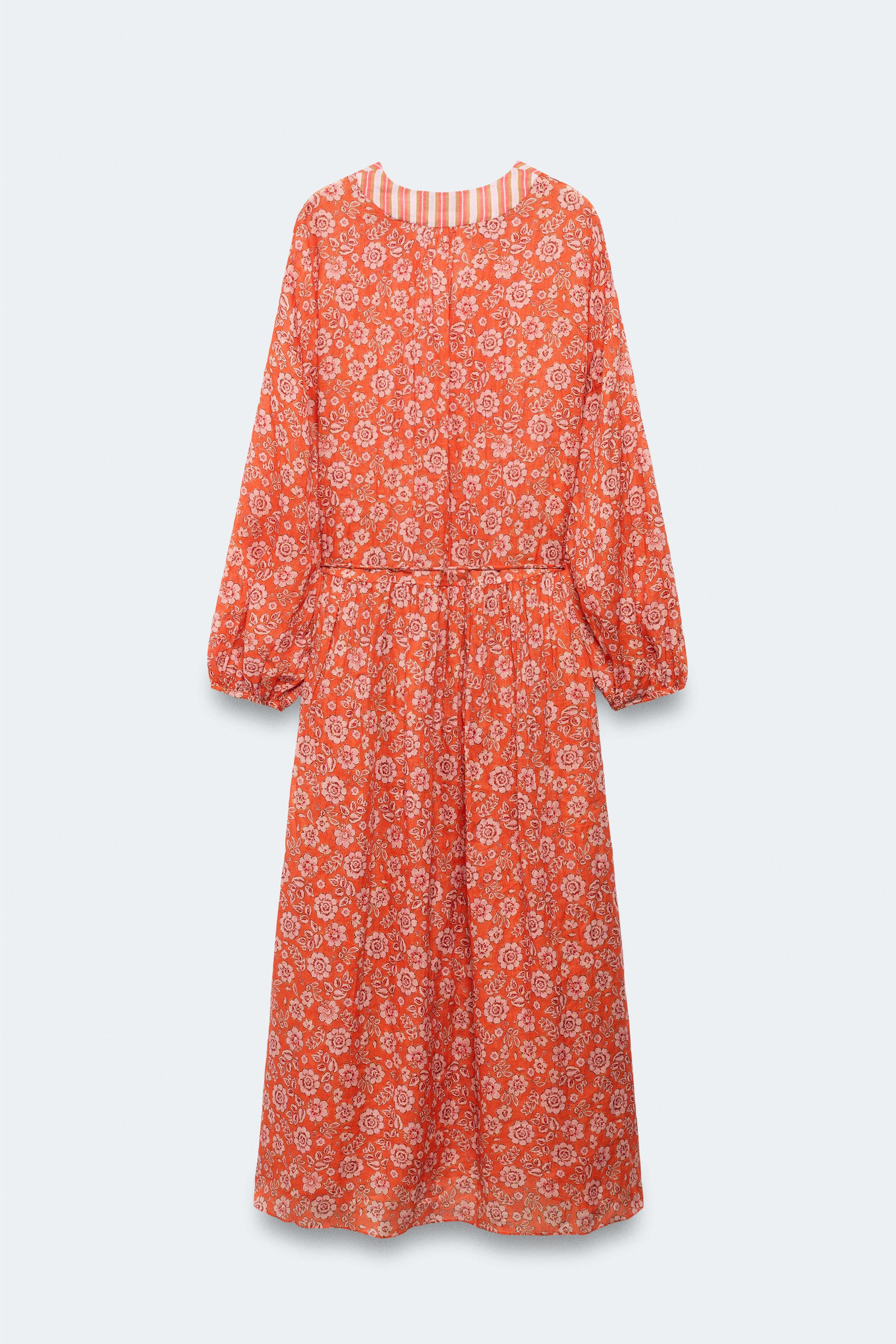 zara orange floral dress Zara Floral Print Dress With Jewel Buttons Summer Dress Orange Small