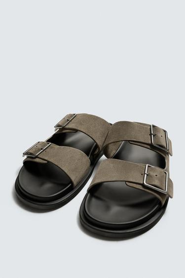 SANDALES EN CUIR À DOUBLE BRIDE - Gris taupe de Zara - Image 4