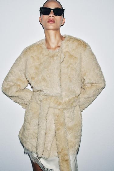 Zara FAUX FUR BELTED JACKET ZW COLLECTION - Ecru