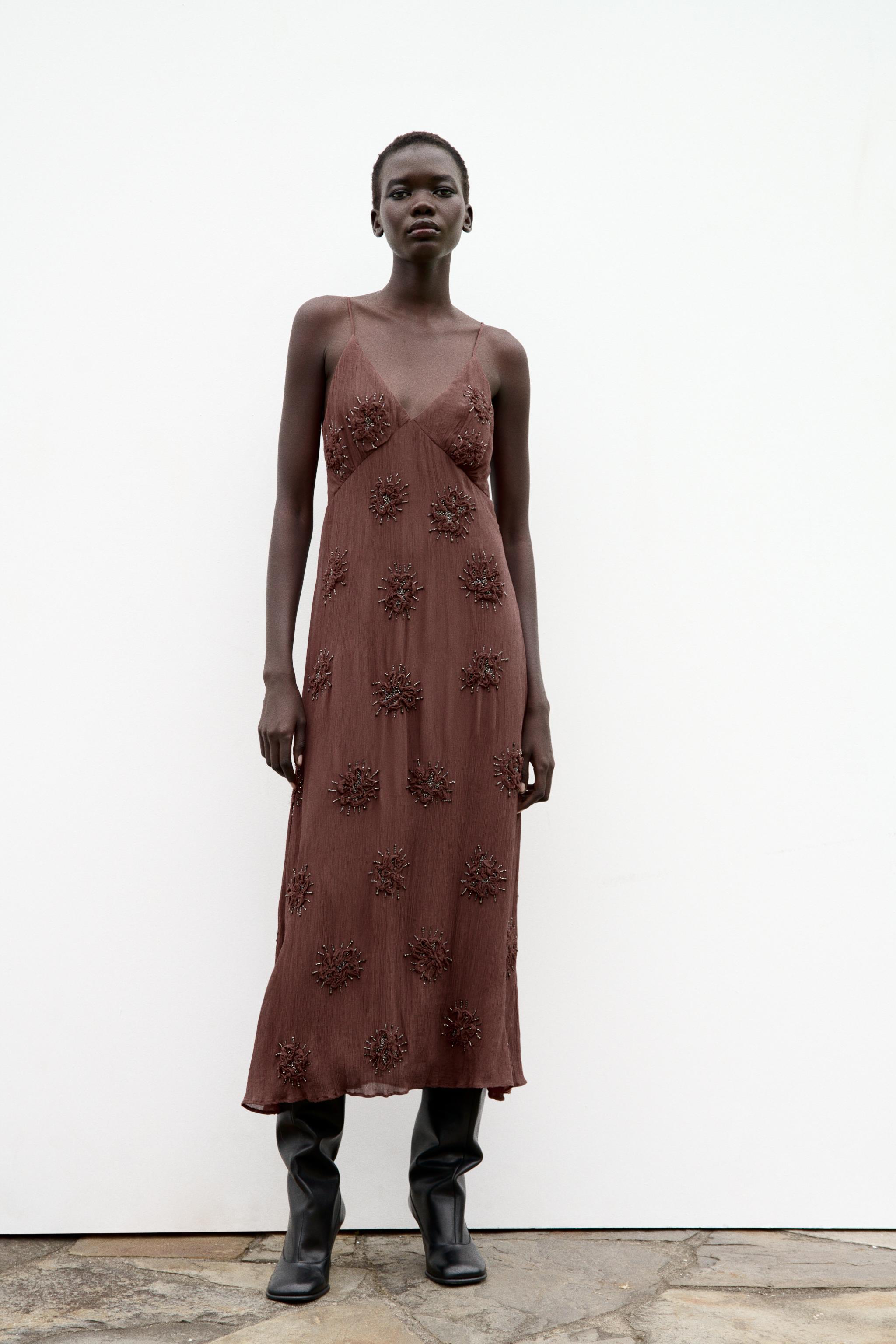 SLIP DRESS WITH EMBROIDERY AND BEADING - Chocolate | ZARA United States