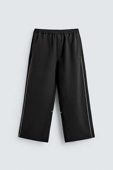 Zara 撞色滾邊科技布料長褲 - 黑色