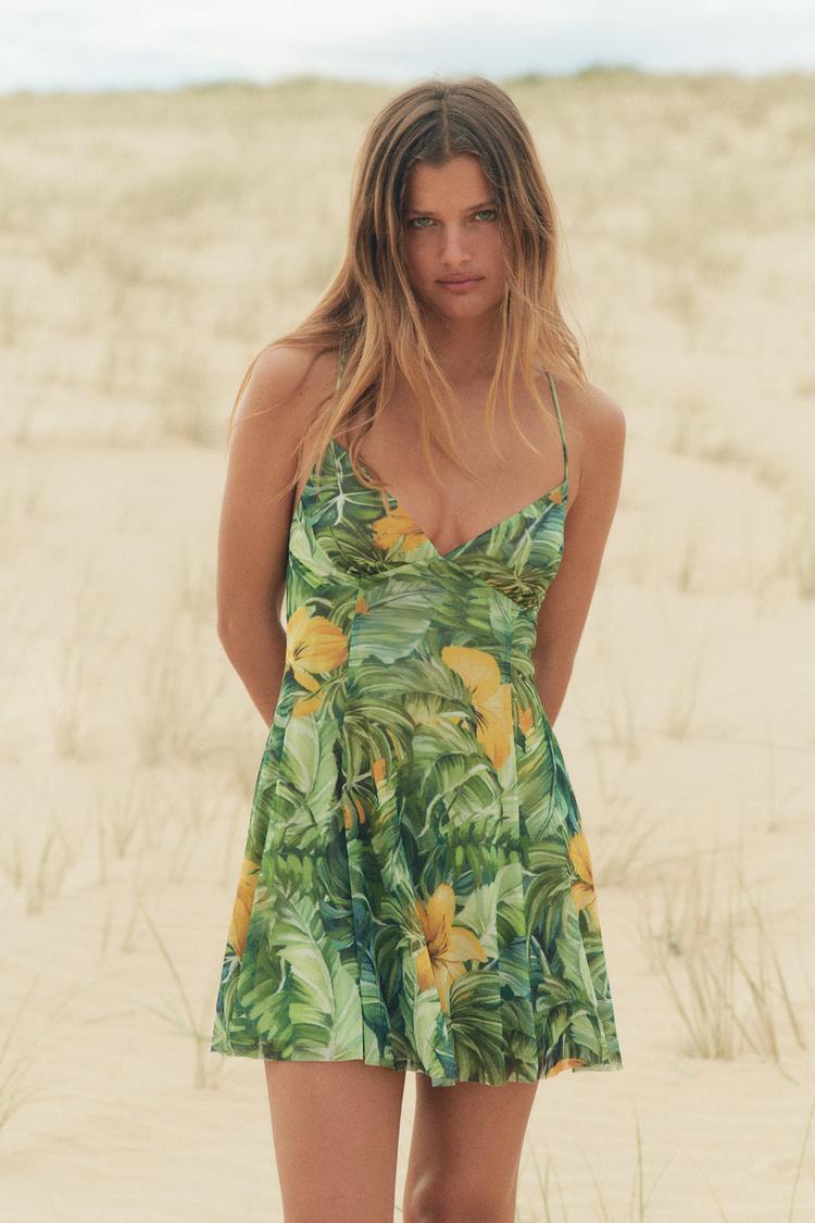 Floral Print Vestido Zara Verde Flores Vestido Verde Una Manga