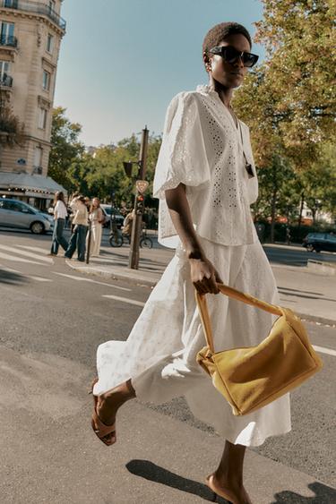 Zara PUFF SLEEVE SHIRT WITH PERFORATED EMBROIDERY - White