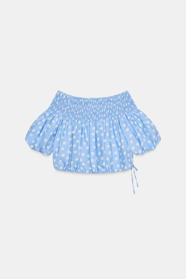 Zara POLKA DOT CROP TOP - Blue / White