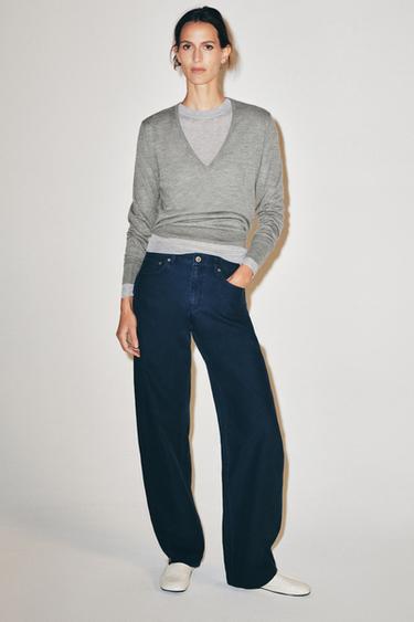 جينز ZW COLLECTION مستقيم بقصة منحنية وخصر متوسط ومطبع - بحري by Zara