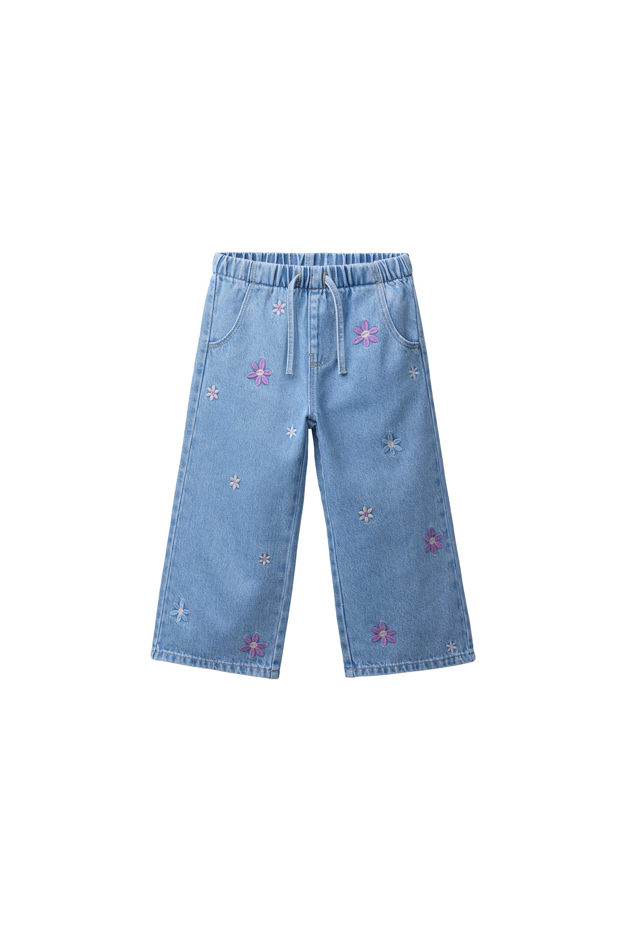 フラワー刺繍ワイドレッグデニムパンツ - ブルー | ZARA Japan / 日本