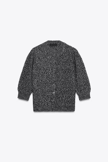 VESTE EN MAILLE MANCHES 3/4 BOUFFANTES - Écru / Noir de Zara - Image 3