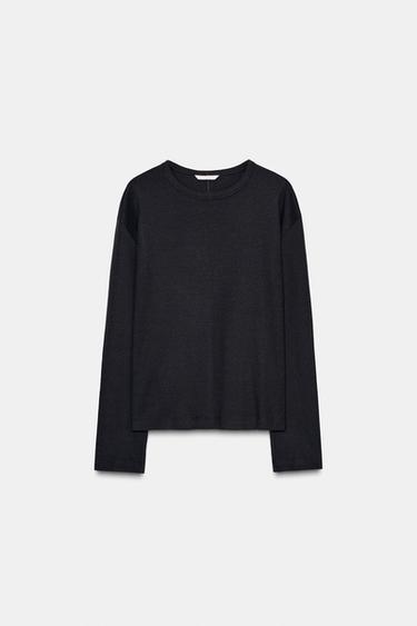 Zara RIB KNIT LONG SLEEVE T-SHIRT - Charcoal
