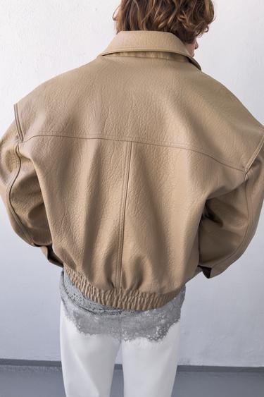 LEATHER EFFECT BOMBER JACKET - Stone by Zara - Image 4