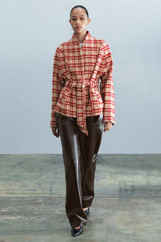 Zara ZW COLLECTION BELTED WOOL JACKET - Red / White - Image 0