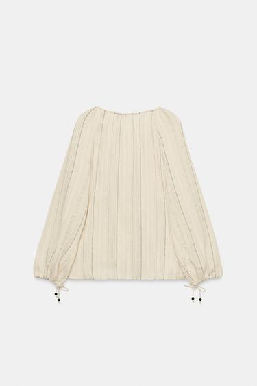 BLOUSE À RAYURES ET LACETS - Écru / Noir de Zara - Image 6