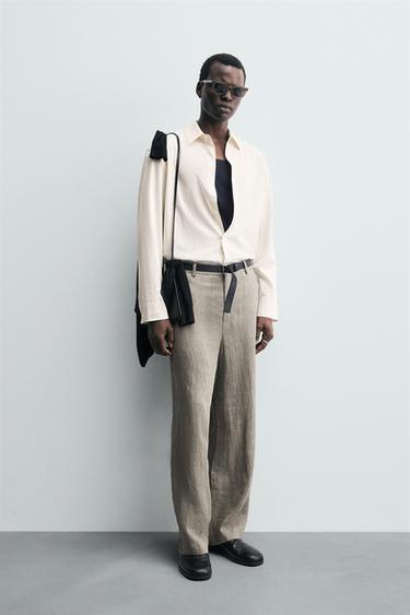 قميص قطن - فيسكوز مخطط - بيج by Zara