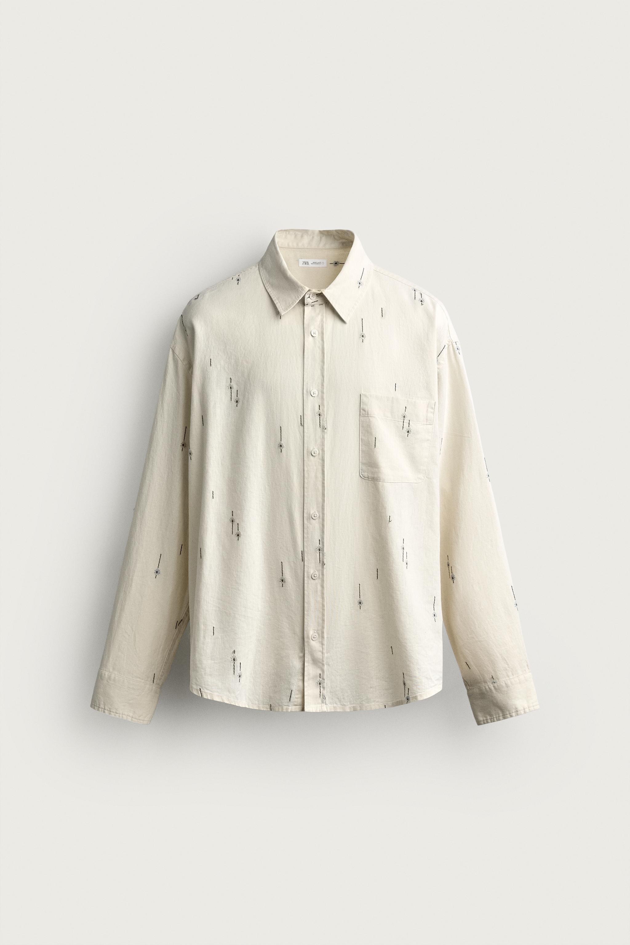 EMBROIDERED COTTON-LINEN RELAXED FIT SHIRT — Ecru