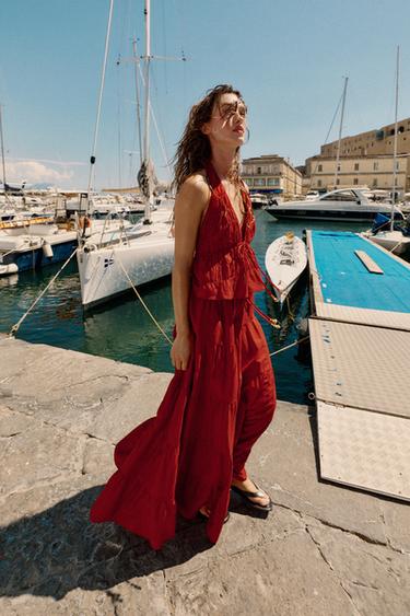 GATHERED LINEN BLEND MIDI SKIRT - Burgundy by Zara