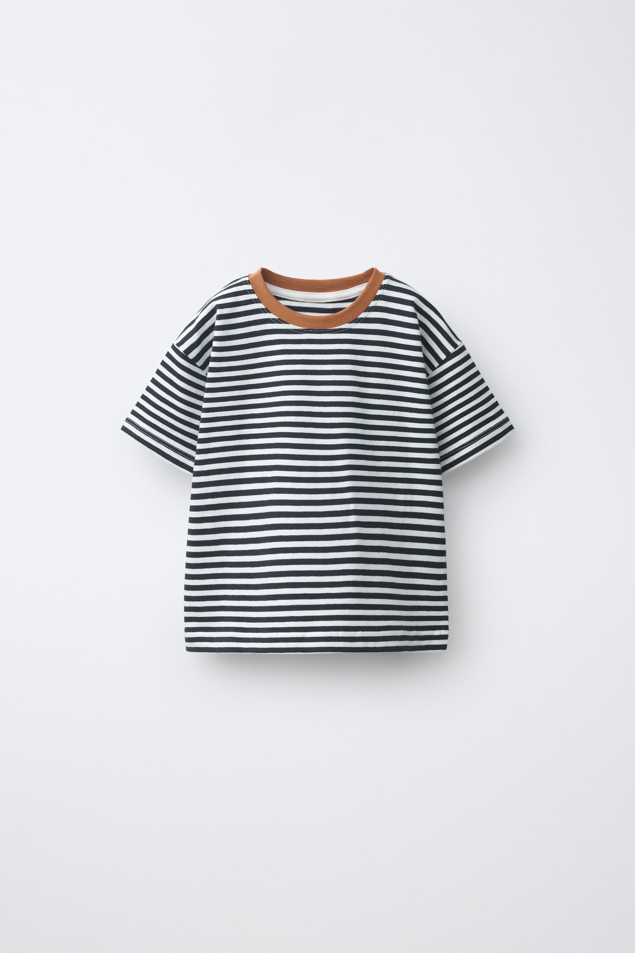 STRIPED CONTRAST NECK T-SHIRT — Black / White