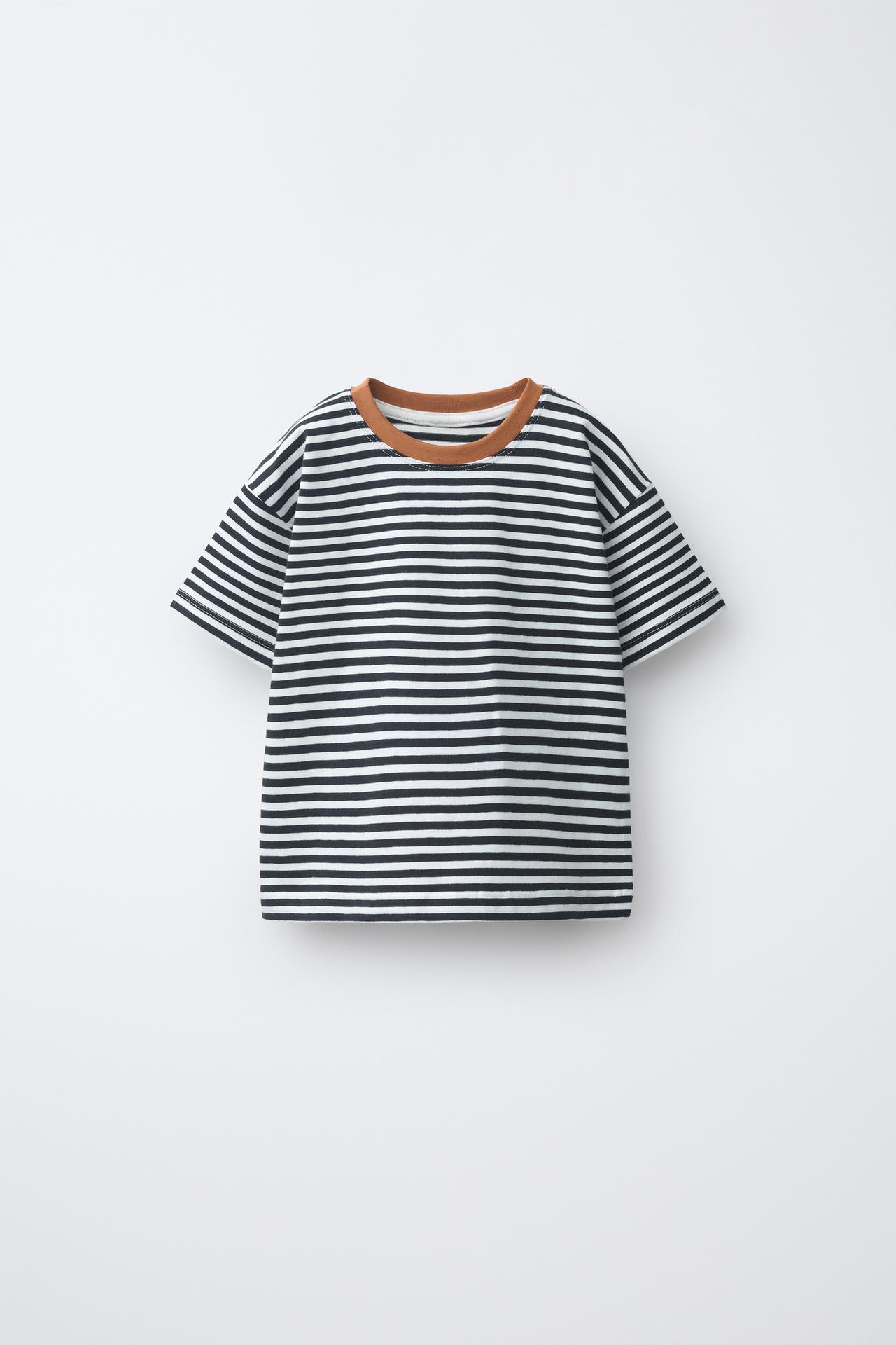 STRIPED CONTRAST NECK T-SHIRT — Black / White