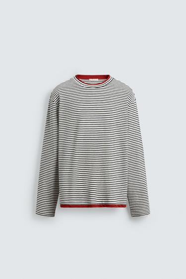 STRIPED T-SHIRT WITH CONTRAST - Oyster-white by Zara