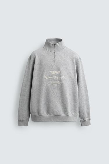 SUDADERA CUELLO CREMALLERA BORDADOS - Gris de Zara