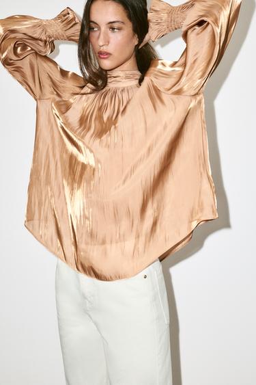 Zara SATIN BOW SHIRT - Mid-camel