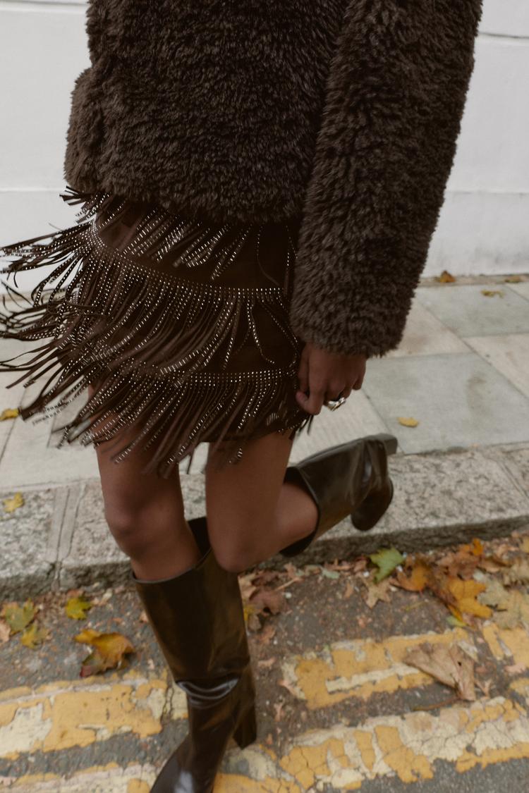 SHIMMERING FAUX SUEDE FRINGE SKIRT