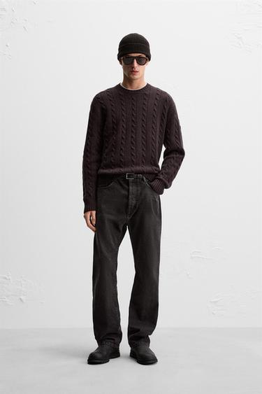 WOOL CABLE-KNIT SWEATER - Dark brown by Zara - Image 0