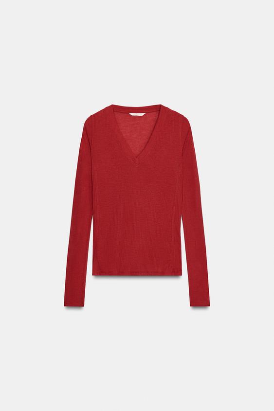 RIBBED V-NECK T-SHIRT - Red by Zara - Image 3