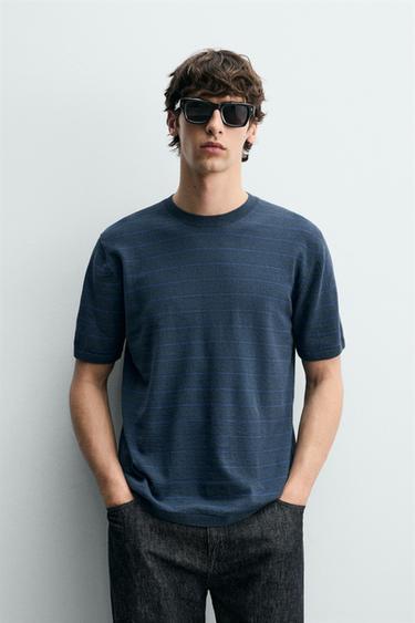 CAMISETA PUNTO ALGODÓN - LINO RAYAS - Azul de Zara