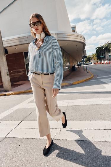 PANTALÓN RECTO CINTURÓN - Beige de Zara