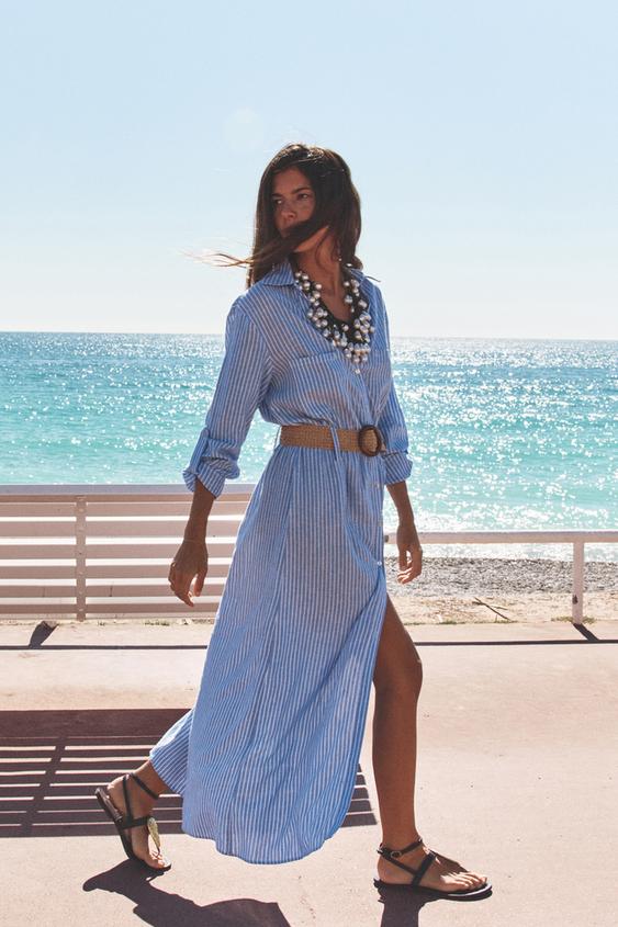 MIDI ŠATY S PÁSKEM - modrá/bílá od Zara - Obrázek 2