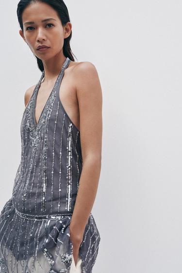 ROBE COURTE HALTER BRILLANTE - Gris foncé de Zara - Image 1