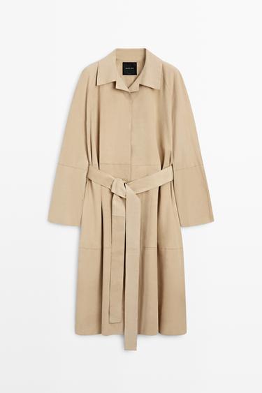 Zara Long suede leather coat - Ecru / Khaki - Image 0